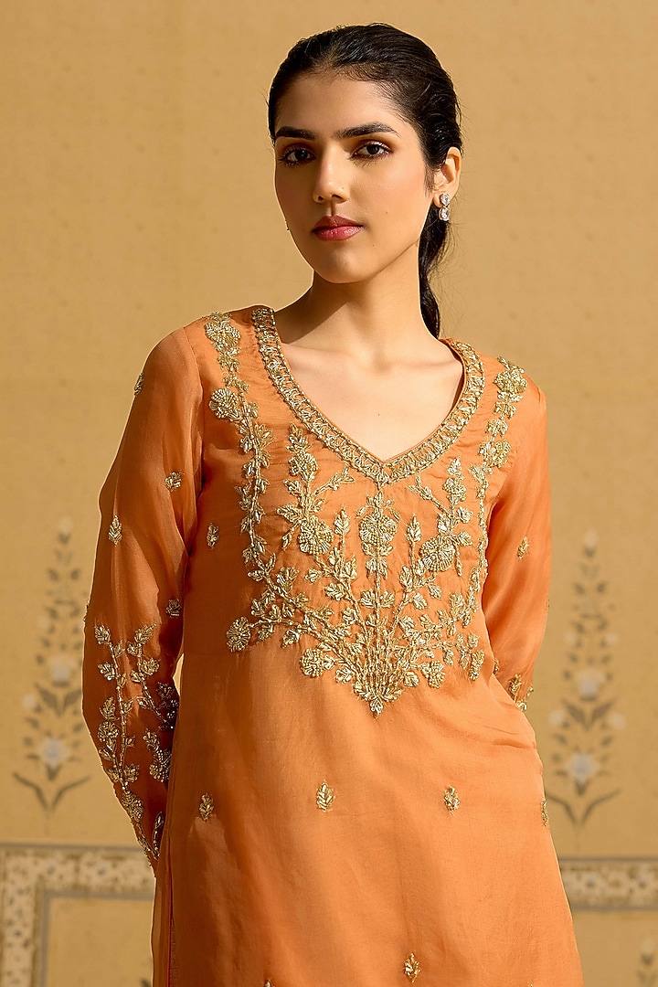 Rust Orange Silk Organza Embroidered Kurta Set by Shyam Narayan Prasad at Pernia's Pop Up Shop