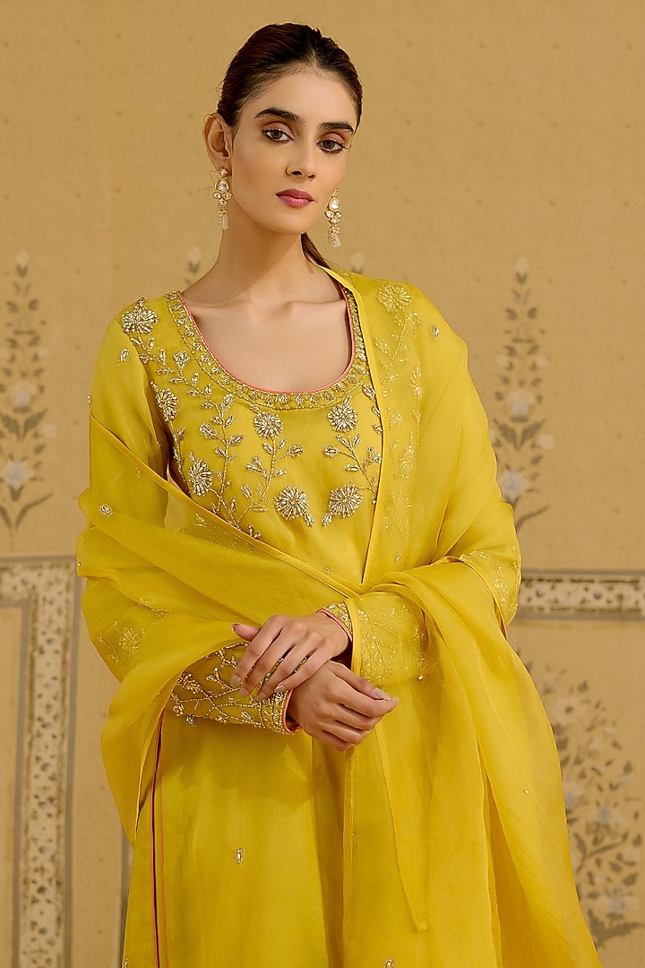 Maize Yellow Silk Organza Embroidered Kurta Set by Shyam Narayan Prasad at Pernia's Pop Up Shop