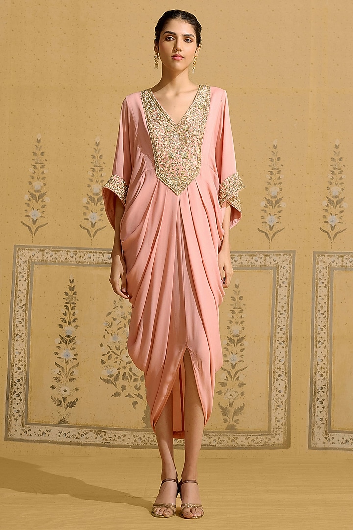 Coral Red Georgette Embroidered Kaftan Vacation Dress by Shyam Narayan Prasad at Pernia's Pop Up Shop