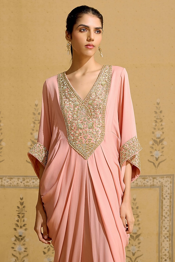 Coral Red Georgette Embroidered Kaftan Vacation Dress by Shyam Narayan Prasad at Pernia's Pop Up Shop