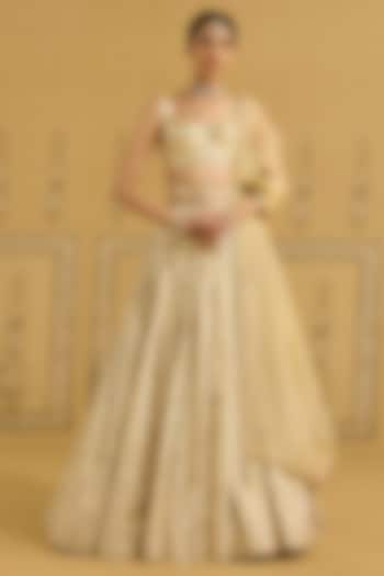 Golden Brocade Pleated Wedding Lehenga Set by Shyam Narayan Prasad at Pernia's Pop Up Shop