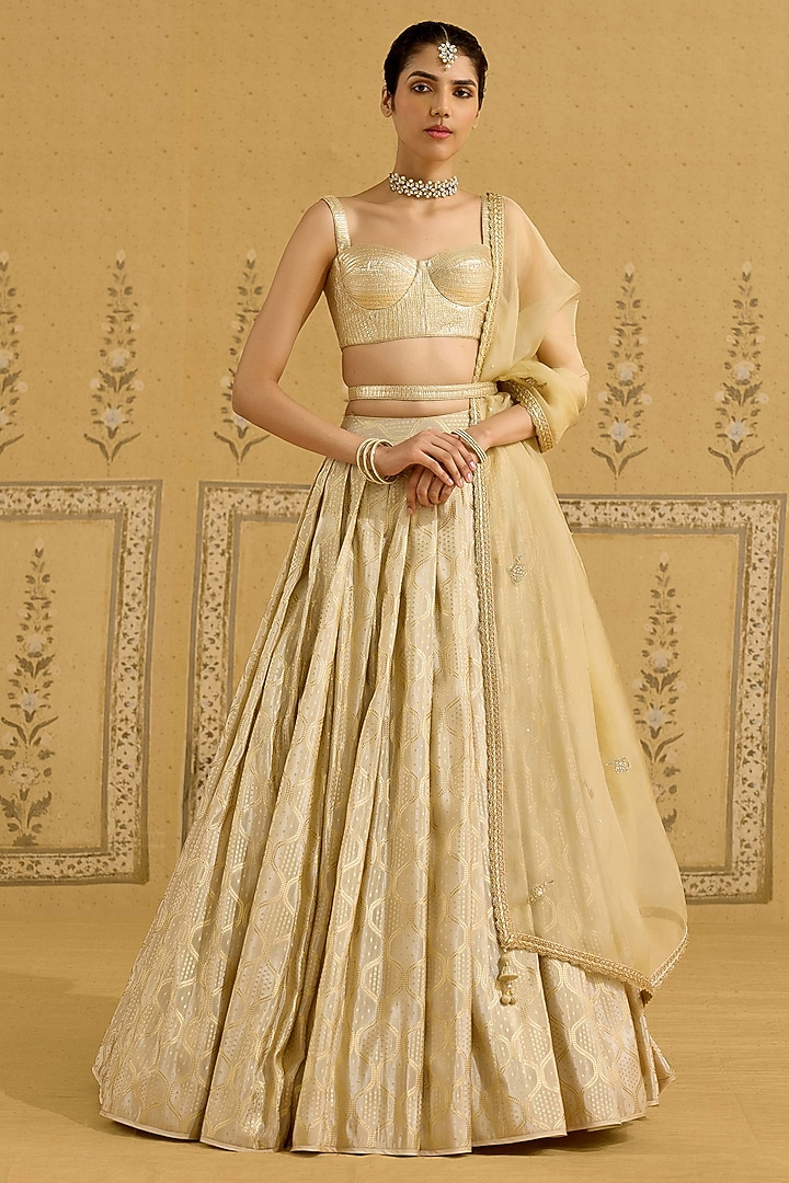 Golden Brocade Pleated Wedding Lehenga Set by Shyam Narayan Prasad at Pernia's Pop Up Shop
