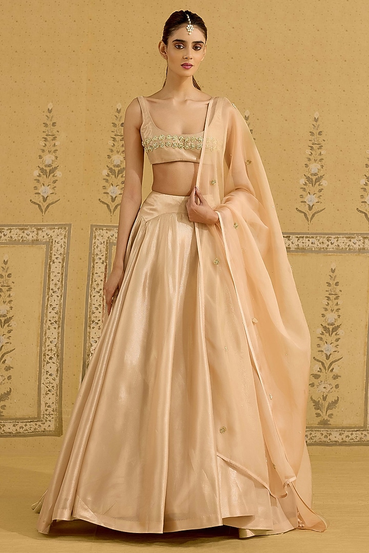 Neutral Gold Tissue Brocade Thread Embroidered Wedding Lehenga Set by Shyam Narayan Prasad at Pernia's Pop Up Shop