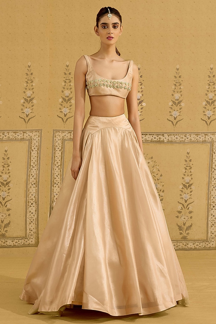 Neutral Gold Tissue Brocade Thread Embroidered Wedding Lehenga Set by Shyam Narayan Prasad at Pernia's Pop Up Shop