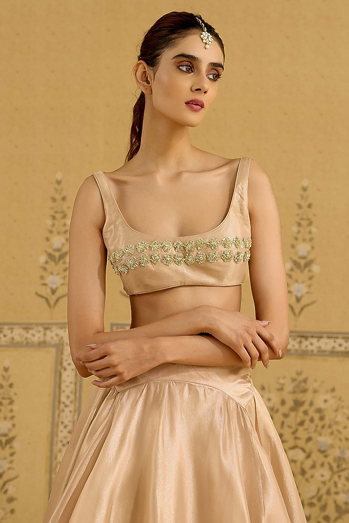 Neutral Gold Tissue Brocade Thread Embroidered Wedding Lehenga Set by Shyam Narayan Prasad at Pernia's Pop Up Shop