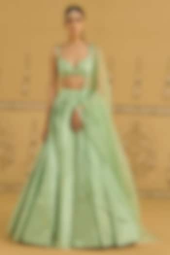 Spray Green Raw Silk Brocade Embroidered Brocade Wedding Lehenga Set by Shyam Narayan Prasad at Pernia's Pop Up Shop