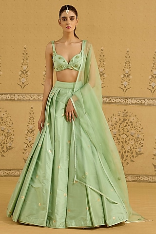 Spray Green Raw Silk Brocade Embroidered Brocade Lehenga Set by Shyam Narayan Prasad