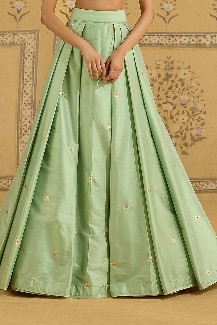 Spray Green Raw Silk Brocade Embroidered Brocade Wedding Lehenga Set by Shyam Narayan Prasad at Pernia's Pop Up Shop