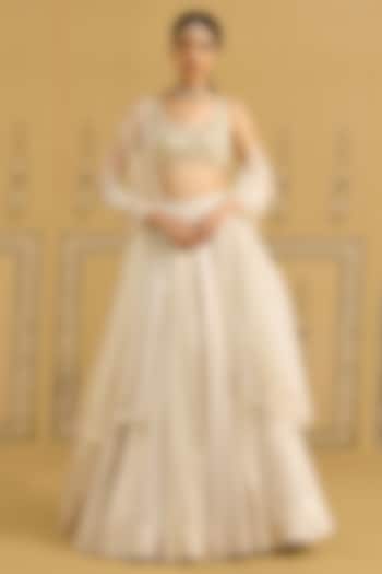 Silver Raw Silk Brocade Embroidered Brocade Wedding Lehenga Set by Shyam Narayan Prasad at Pernia's Pop Up Shop