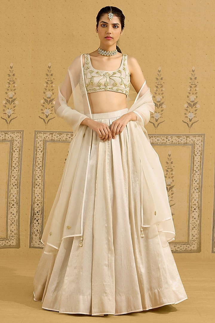 Silver Raw Silk Brocade Embroidered Brocade Wedding Lehenga Set by Shyam Narayan Prasad at Pernia's Pop Up Shop
