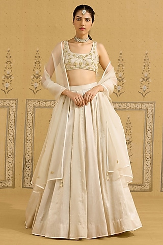 Silver Raw Silk Brocade Embroidered Brocade Lehenga Set by Shyam Narayan Prasad