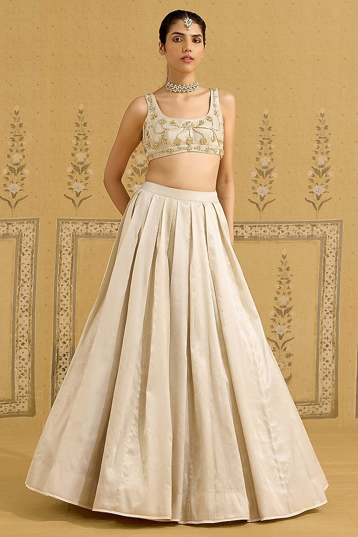 Silver Raw Silk Brocade Embroidered Brocade Wedding Lehenga Set by Shyam Narayan Prasad at Pernia's Pop Up Shop