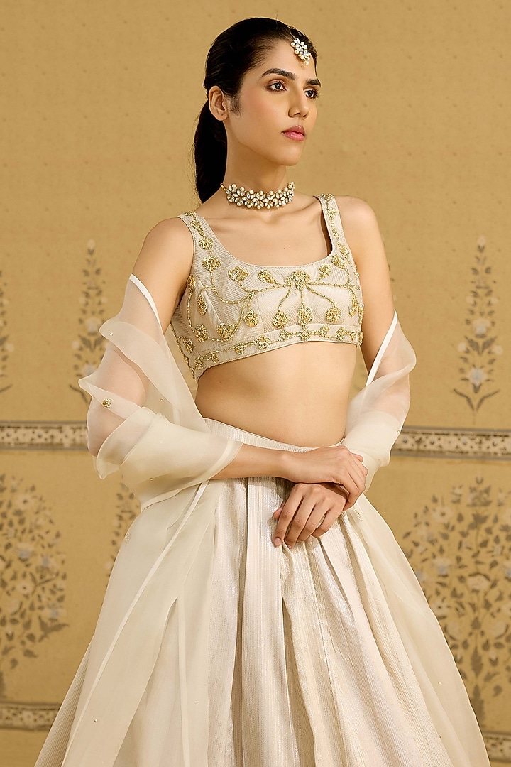 Silver Raw Silk Brocade Embroidered Brocade Wedding Lehenga Set by Shyam Narayan Prasad at Pernia's Pop Up Shop