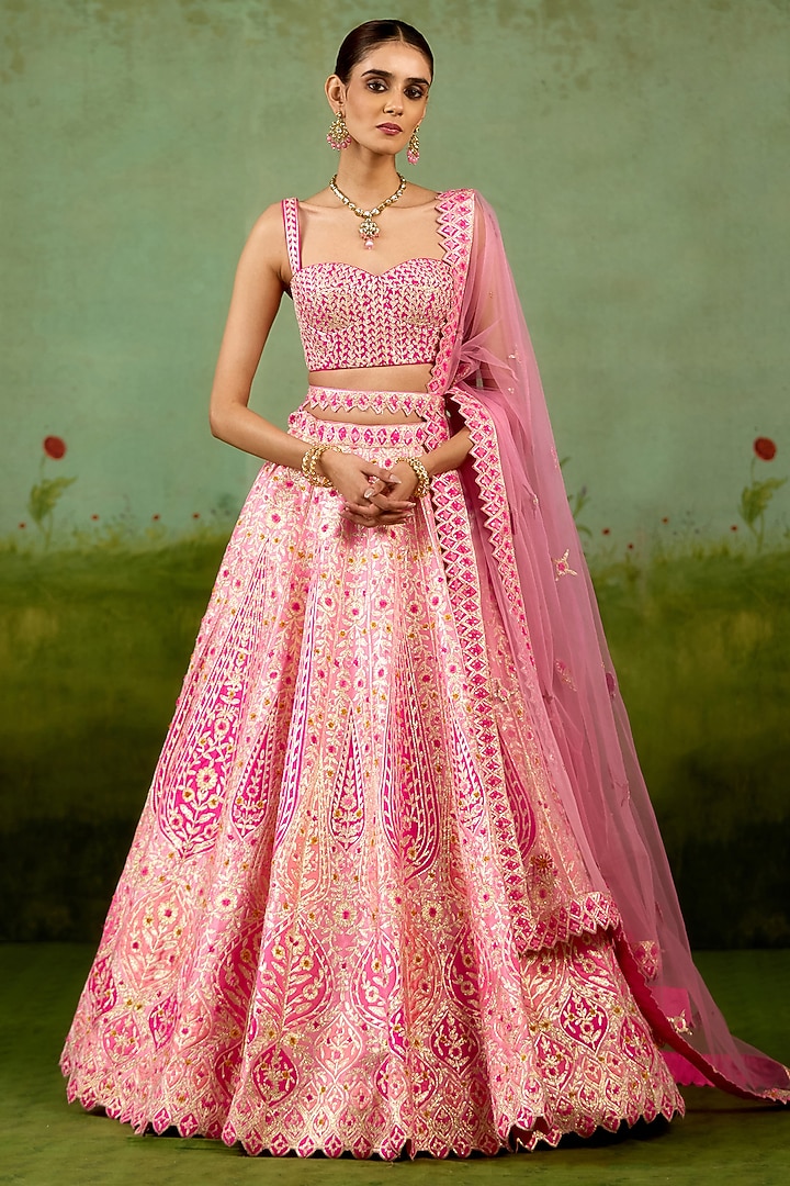 Pink Raw Silk Thread Embroidered Wedding Lehenga Set by Shyam Narayan Prasad at Pernia's Pop Up Shop