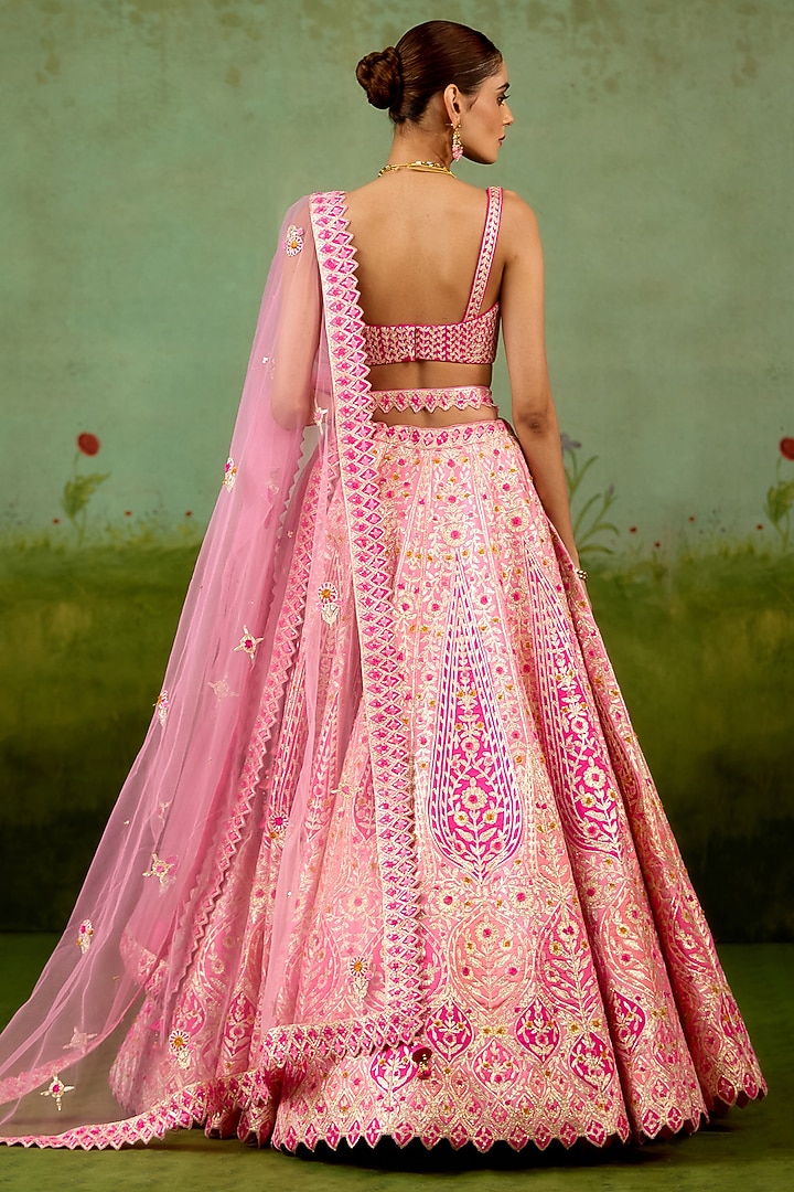 Pink Raw Silk Thread Embroidered Wedding Lehenga Set by Shyam Narayan Prasad at Pernia's Pop Up Shop