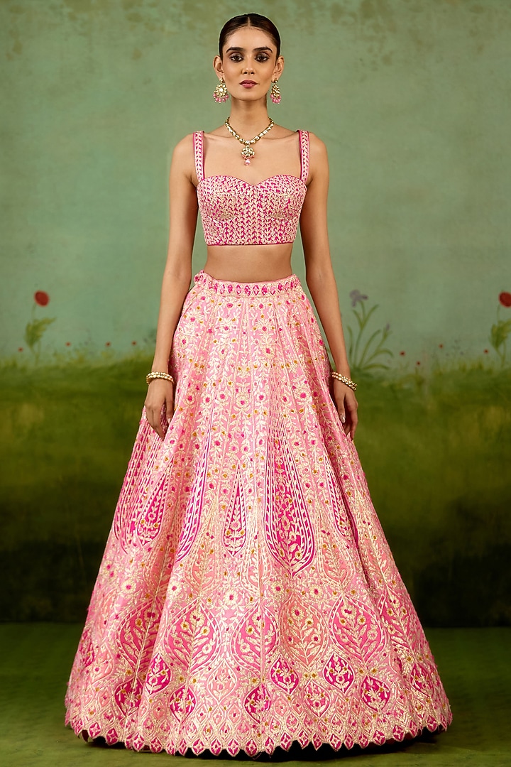 Pink Raw Silk Thread Embroidered Wedding Lehenga Set by Shyam Narayan Prasad at Pernia's Pop Up Shop