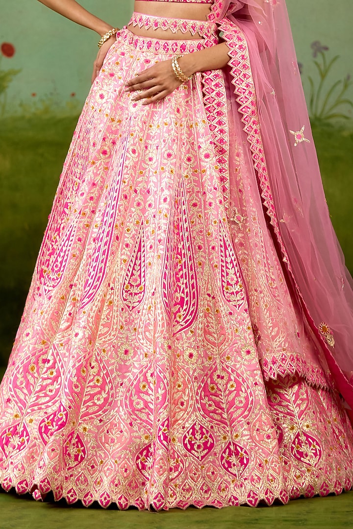 Pink Raw Silk Thread Embroidered Wedding Lehenga Set by Shyam Narayan Prasad at Pernia's Pop Up Shop