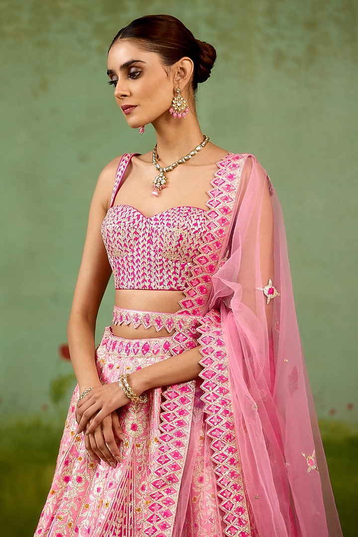 Pink Raw Silk Thread Embroidered Wedding Lehenga Set by Shyam Narayan Prasad at Pernia's Pop Up Shop