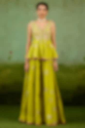 Bright Green Silk Brocade Wedding Sharara Set by Shyam Narayan Prasad at Pernia's Pop Up Shop