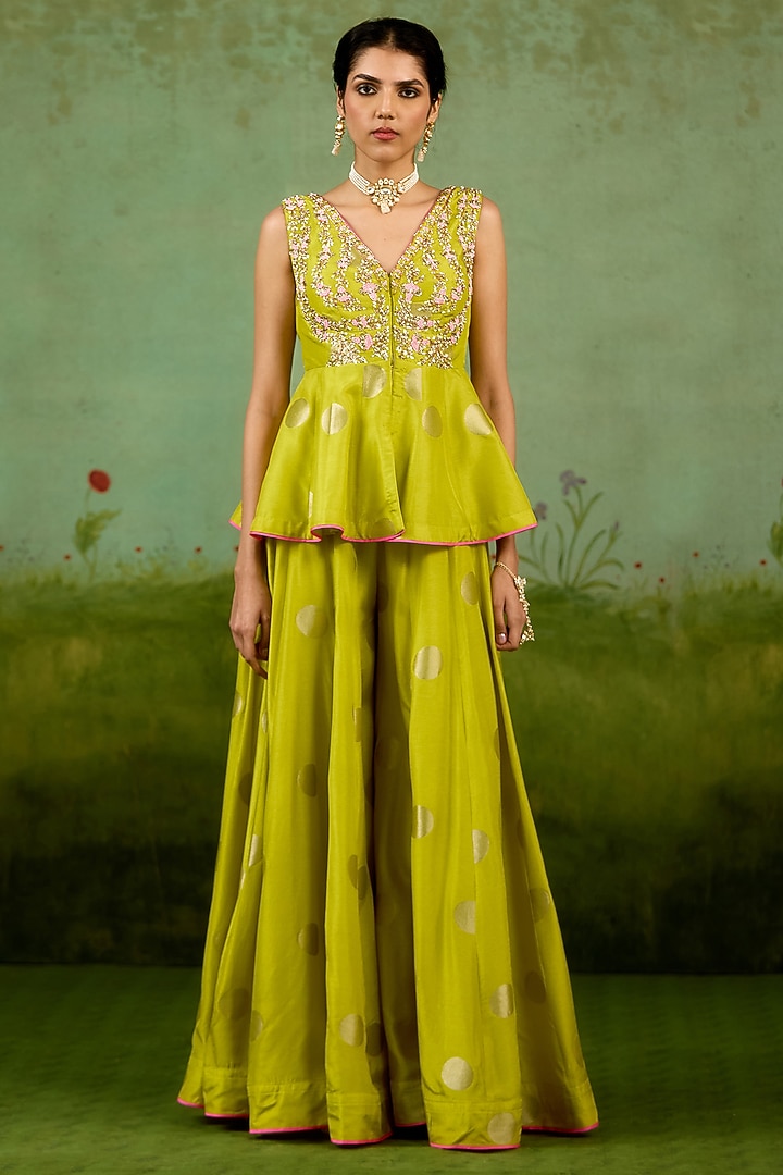 Bright Green Silk Brocade Wedding Sharara Set by Shyam Narayan Prasad at Pernia's Pop Up Shop