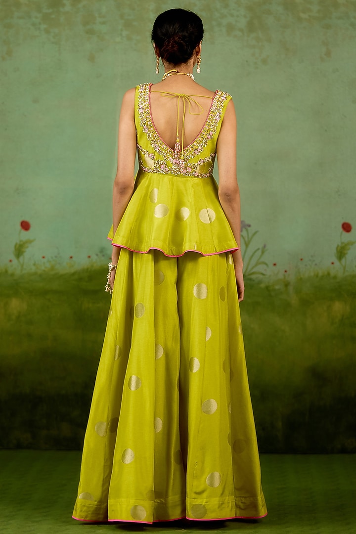 Bright Green Silk Brocade Wedding Sharara Set by Shyam Narayan Prasad at Pernia's Pop Up Shop