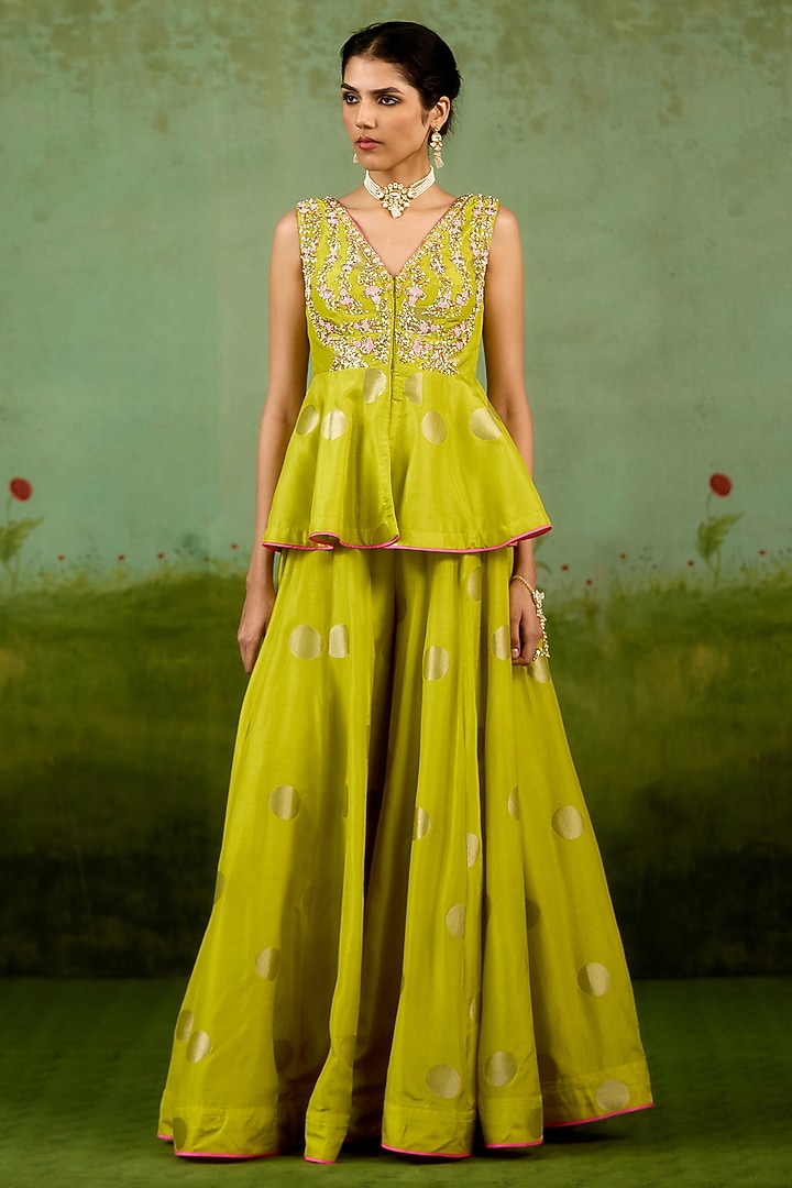Bright Green Silk Brocade Wedding Sharara Set by Shyam Narayan Prasad at Pernia's Pop Up Shop