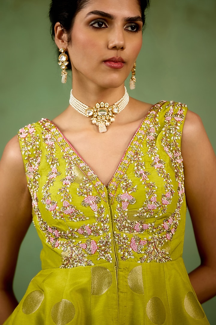 Bright Green Silk Brocade Wedding Sharara Set by Shyam Narayan Prasad at Pernia's Pop Up Shop