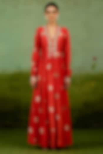 Burnt Orange Silk Brocade Hand Embroidered Party Wear Anarkali Set by Shyam Narayan Prasad at Pernia's Pop Up Shop