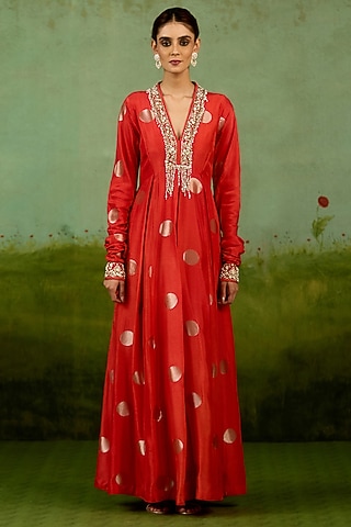 Burnt Orange Silk Brocade Hand Embroidered Anarkali Set by Shyam Narayan Prasad