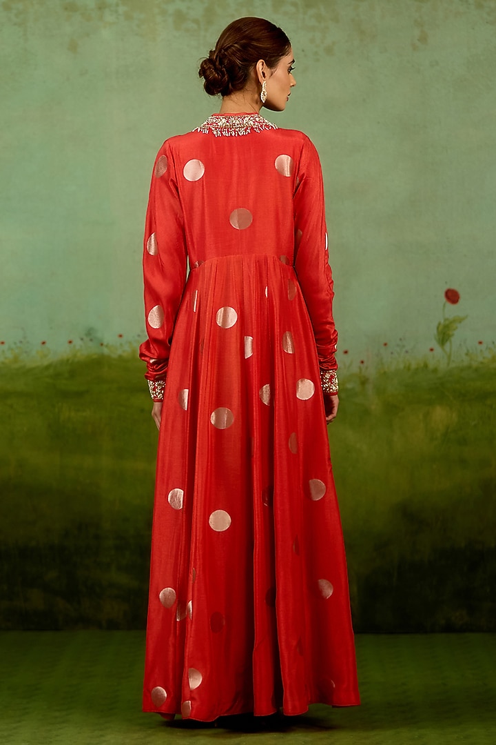 Burnt Orange Silk Brocade Hand Embroidered Party Wear Anarkali Set by Shyam Narayan Prasad at Pernia's Pop Up Shop