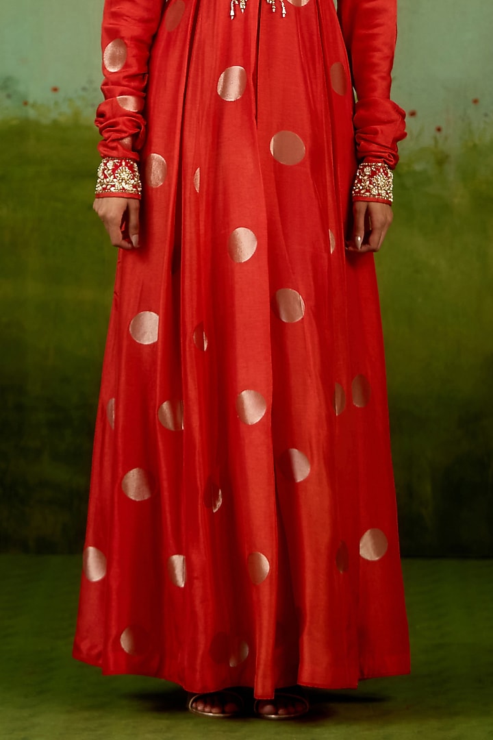 Burnt Orange Silk Brocade Hand Embroidered Party Wear Anarkali Set by Shyam Narayan Prasad at Pernia's Pop Up Shop