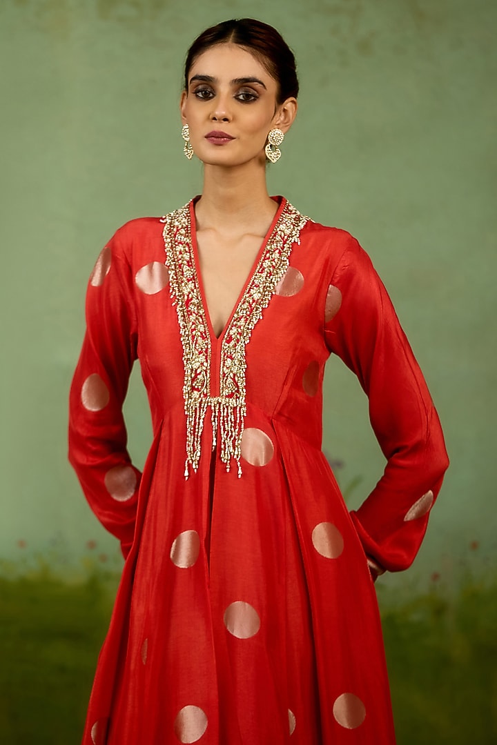 Burnt Orange Silk Brocade Hand Embroidered Party Wear Anarkali Set by Shyam Narayan Prasad at Pernia's Pop Up Shop