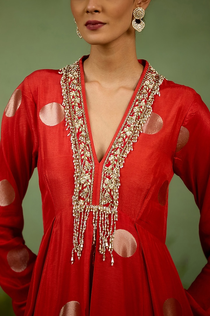 Burnt Orange Silk Brocade Hand Embroidered Party Wear Anarkali Set by Shyam Narayan Prasad at Pernia's Pop Up Shop