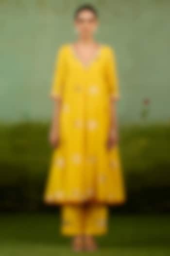 Vibrant Yellow Silk Brocade Hand Embroidered A-Line Kurta Set by Shyam Narayan Prasad at Pernia's Pop Up Shop