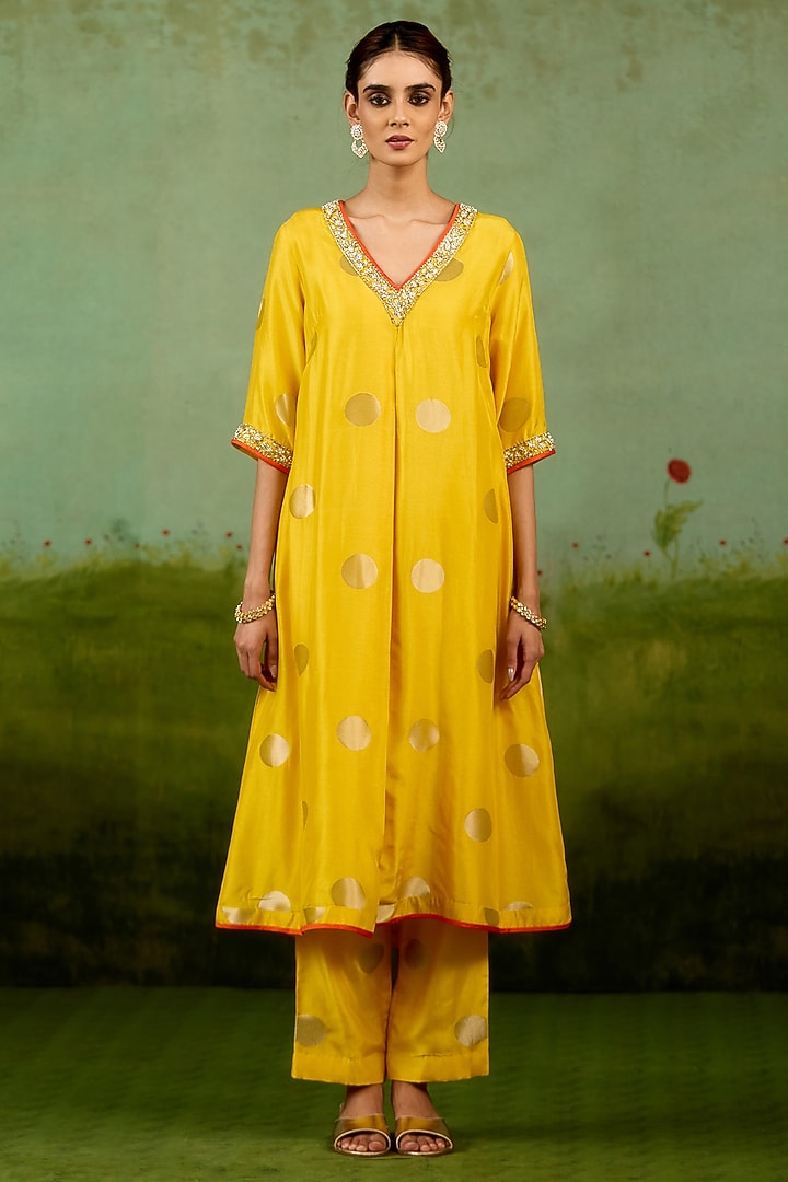 Vibrant Yellow Silk Brocade Hand Embroidered A-Line Kurta Set by Shyam Narayan Prasad at Pernia's Pop Up Shop