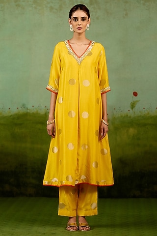 Vibrant Yellow Silk Brocade Hand Embroidered A-Line Kurta Set by Shyam Narayan Prasad
