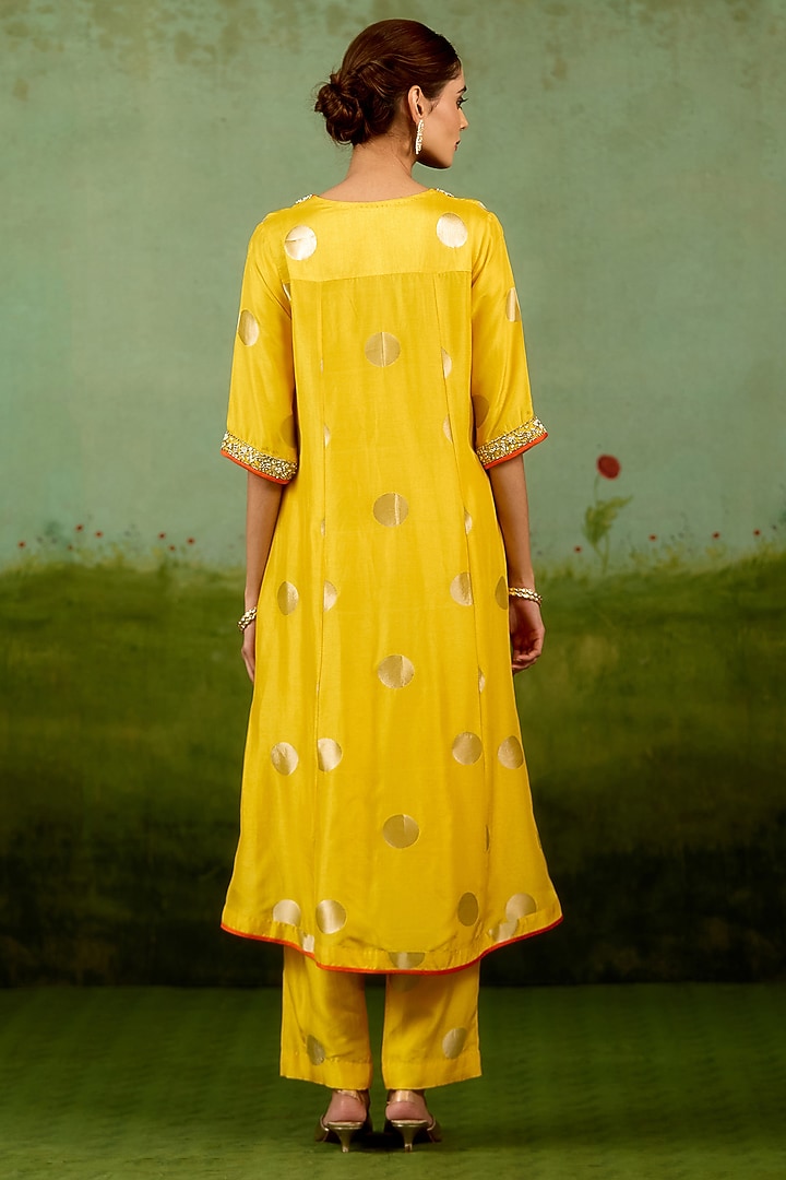 Vibrant Yellow Silk Brocade Hand Embroidered A-Line Kurta Set by Shyam Narayan Prasad at Pernia's Pop Up Shop