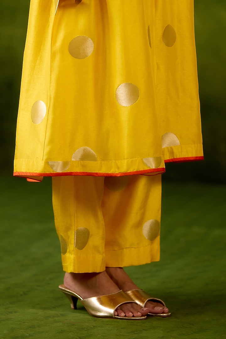 Vibrant Yellow Silk Brocade Hand Embroidered A-Line Kurta Set by Shyam Narayan Prasad at Pernia's Pop Up Shop
