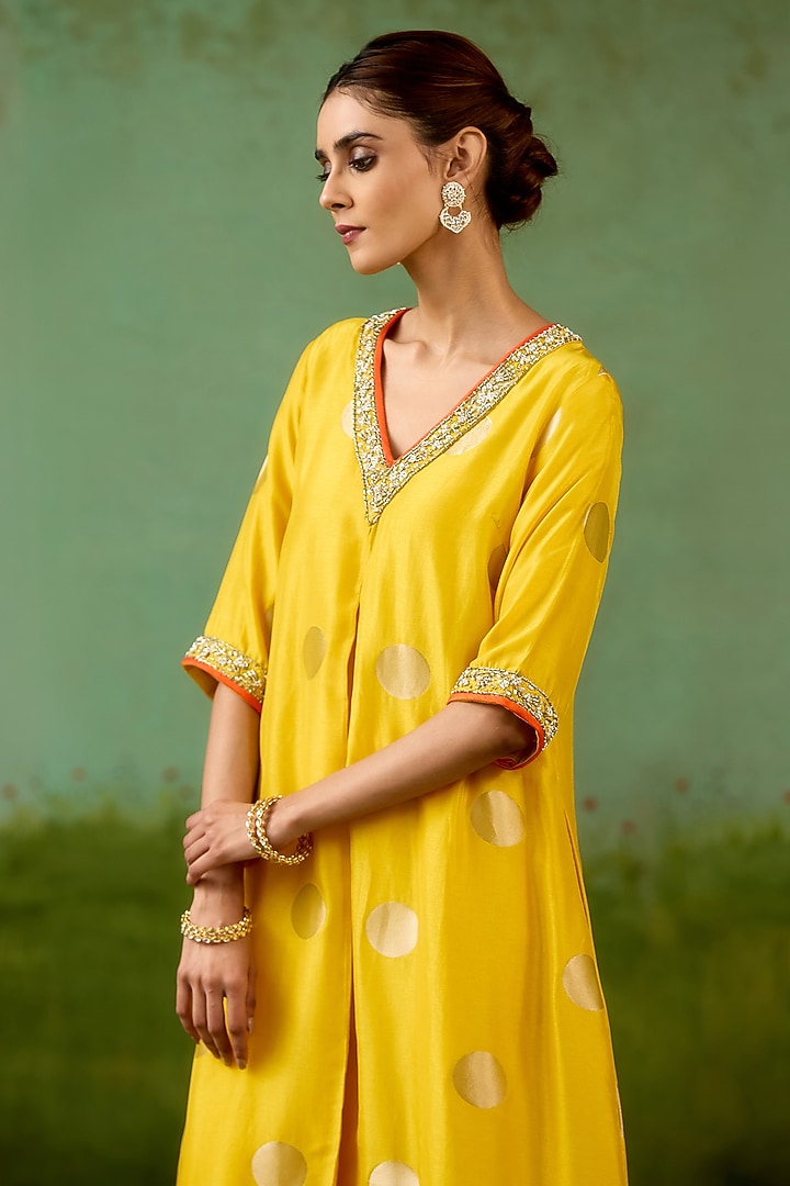 Vibrant Yellow Silk Brocade Hand Embroidered A-Line Kurta Set by Shyam Narayan Prasad at Pernia's Pop Up Shop