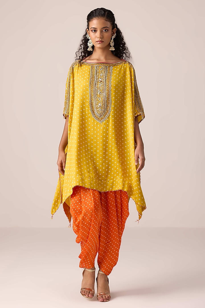 Mustard Modal Satin Bandhani Printed & Zardosi Embroidered Kaftan Set by Shyam Narayan Prasad at Pernia's Pop Up Shop
