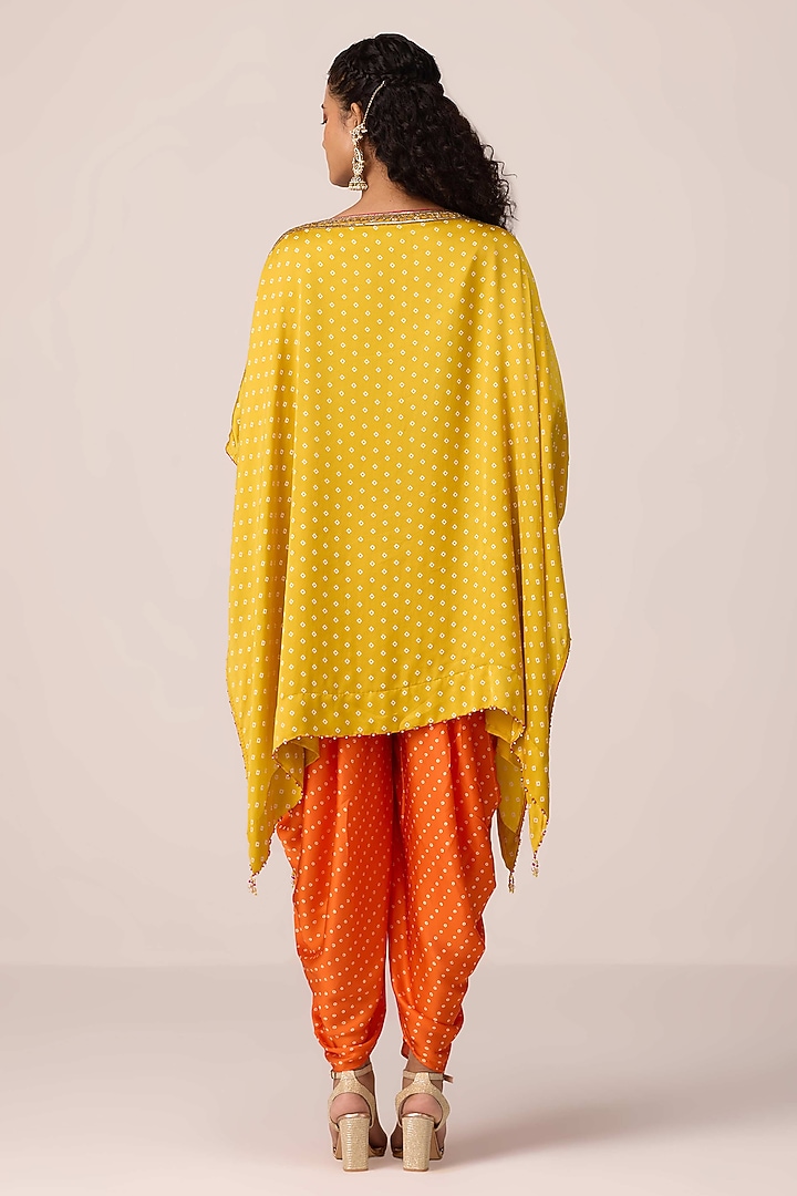 Mustard Modal Satin Bandhani Printed & Zardosi Embroidered Kaftan Set by Shyam Narayan Prasad at Pernia's Pop Up Shop