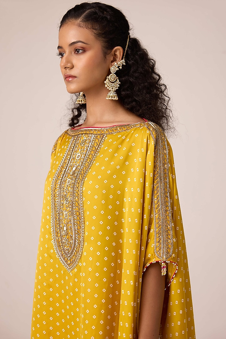 Mustard Modal Satin Bandhani Printed & Zardosi Embroidered Kaftan Set by Shyam Narayan Prasad at Pernia's Pop Up Shop