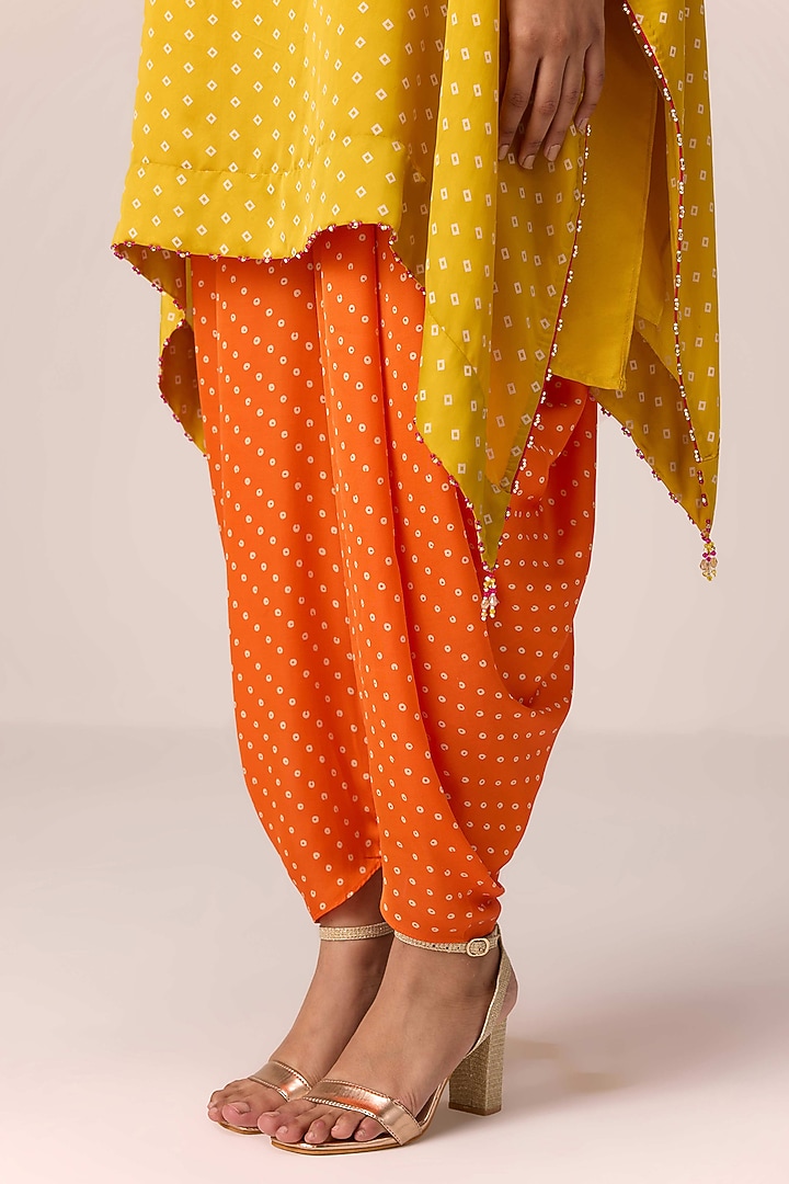 Mustard Modal Satin Bandhani Printed & Zardosi Embroidered Kaftan Set by Shyam Narayan Prasad at Pernia's Pop Up Shop