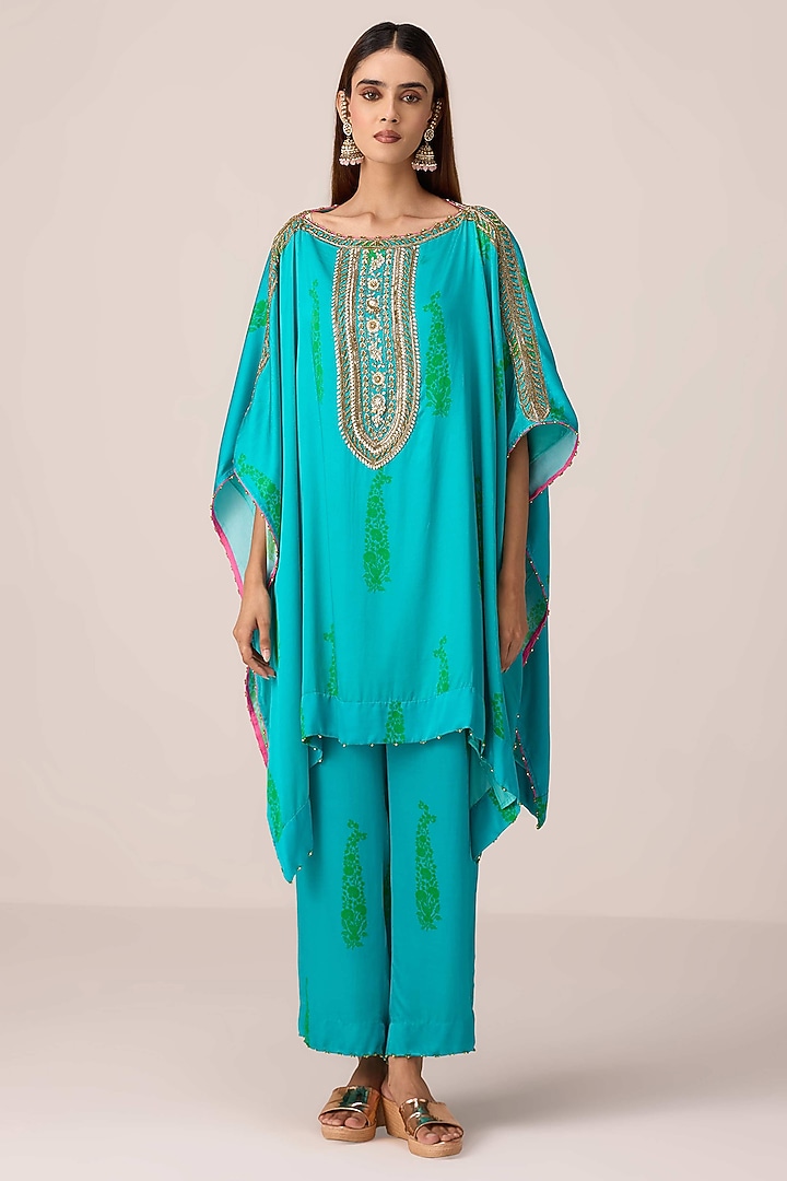 Emerald Blue Modal Satin Bandhani Printed & Zardosi Embroidered Kaftan Set by Shyam Narayan Prasad at Pernia's Pop Up Shop