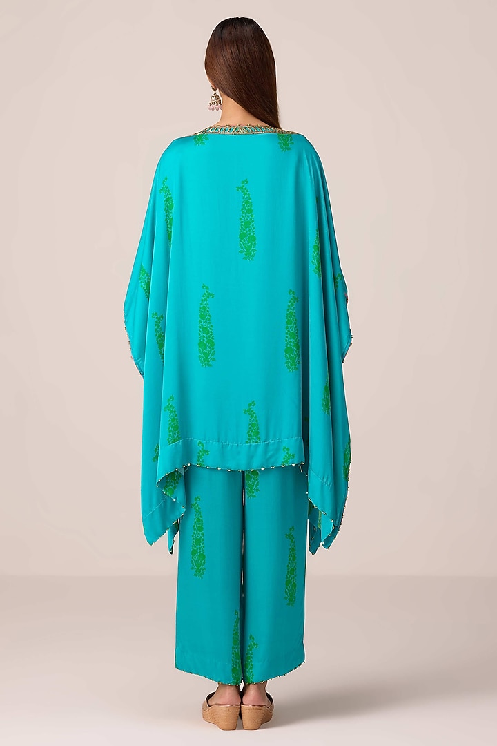 Emerald Blue Modal Satin Bandhani Printed & Zardosi Embroidered Kaftan Set by Shyam Narayan Prasad at Pernia's Pop Up Shop