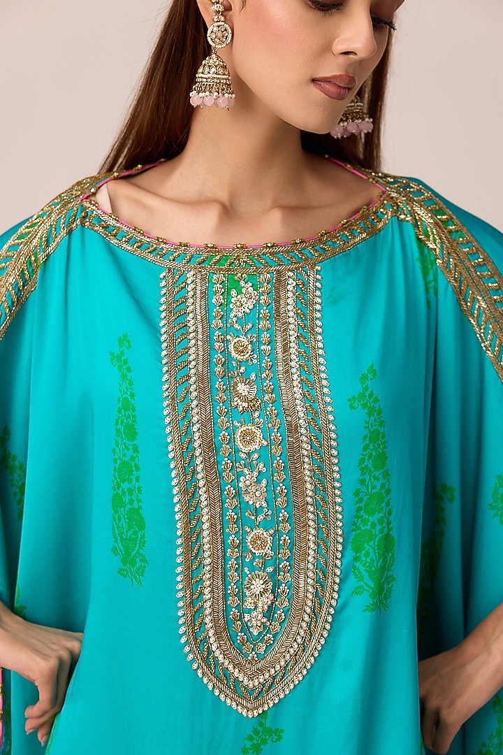 Emerald Blue Modal Satin Bandhani Printed & Zardosi Embroidered Kaftan Set by Shyam Narayan Prasad at Pernia's Pop Up Shop