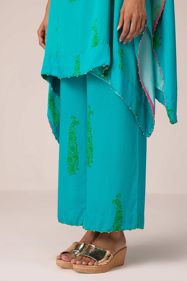 Emerald Blue Modal Satin Bandhani Printed & Zardosi Embroidered Kaftan Set by Shyam Narayan Prasad at Pernia's Pop Up Shop