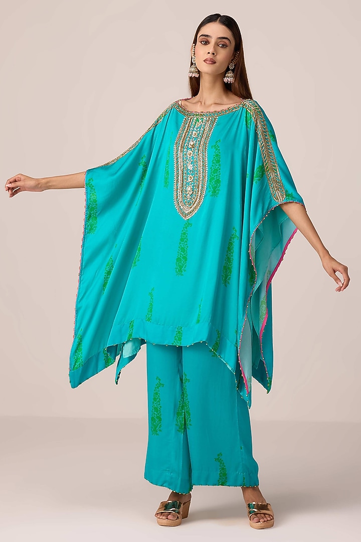 Emerald Blue Modal Satin Bandhani Printed & Zardosi Embroidered Kaftan Set by Shyam Narayan Prasad at Pernia's Pop Up Shop