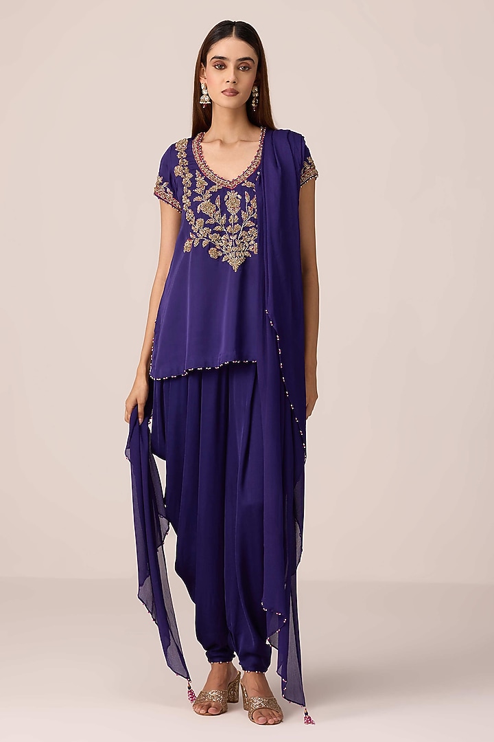 Purple Wine Organza Satin Dhoti Set by Shyam Narayan Prasad at Pernia's Pop Up Shop
