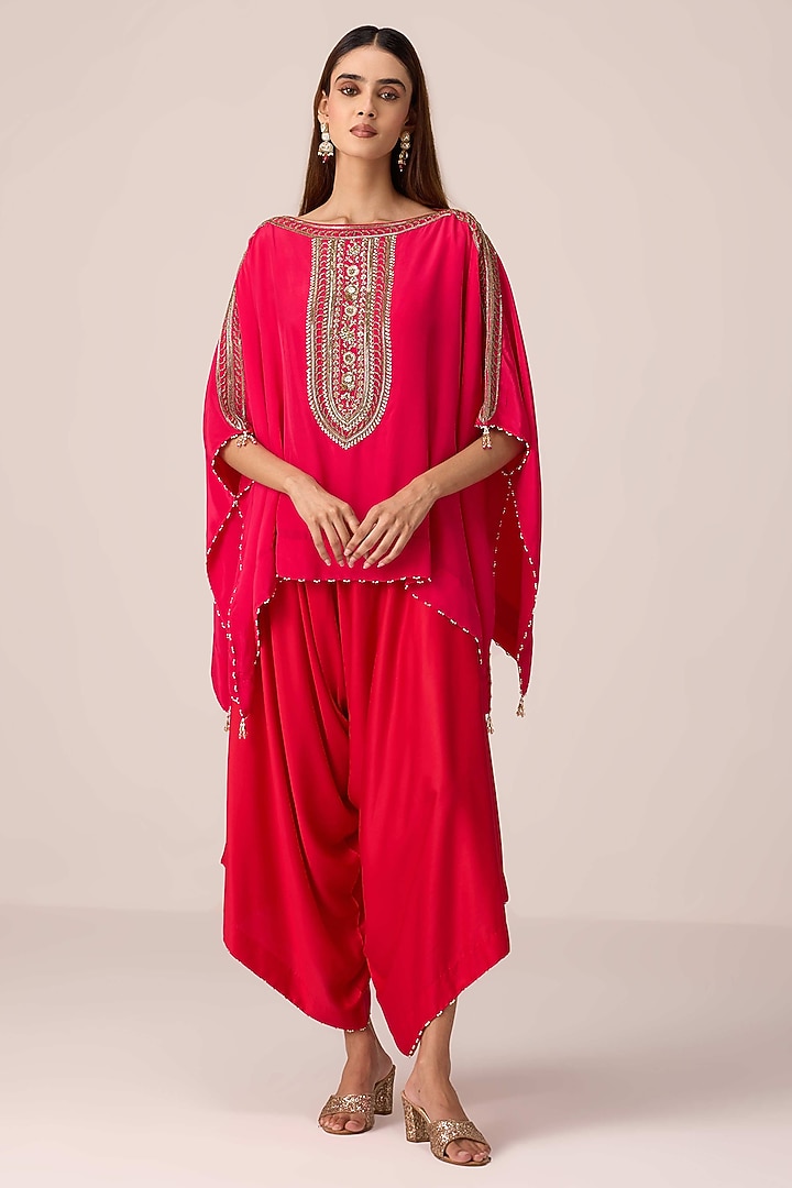 Pink & Red Crepe Satin Zardosi Embroidered Kaftan Set by Shyam Narayan Prasad at Pernia's Pop Up Shop